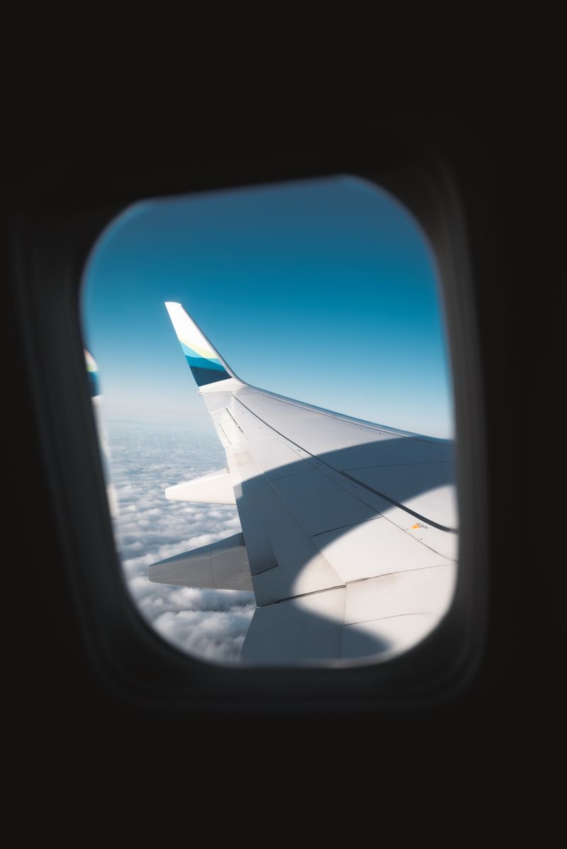 航空機の翼と青空（機窓からの眺め）